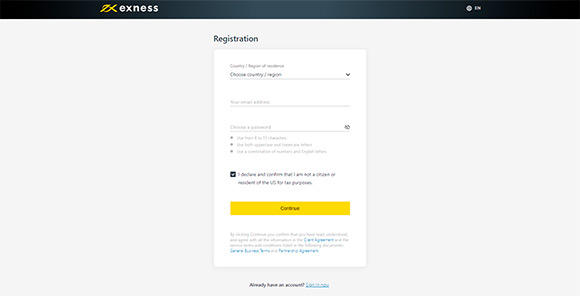 Exness registration